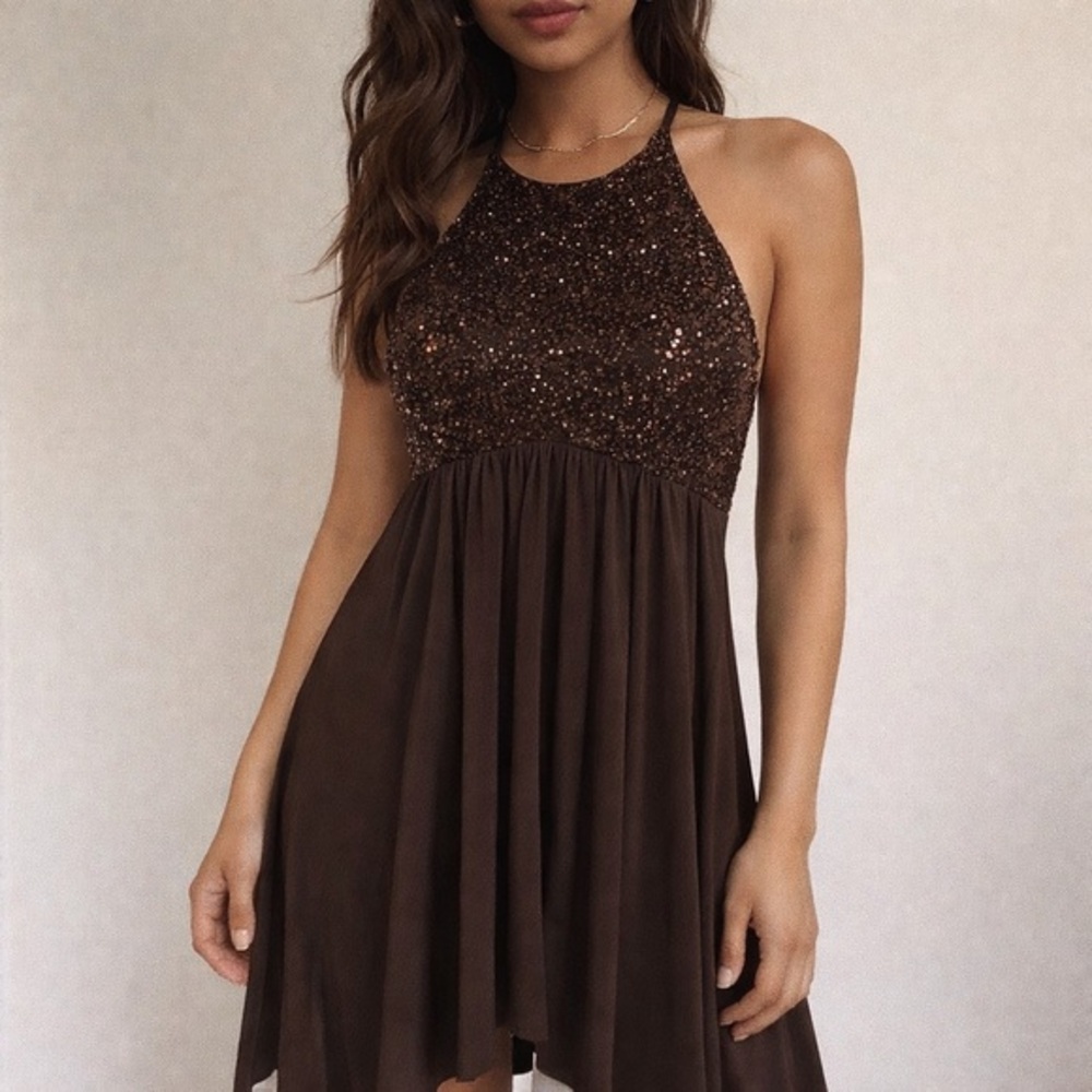 Cachet Y2K Beaded Halter Midi Dress Brown Size‎ 8 Sleeveless Handkerchief Hem